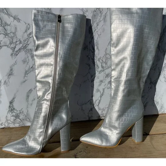 Silver Croc-Embossed Knee-High Boots With Block Heel & Side Zipper Closure size - Picture 4 of 10